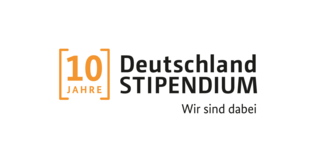 Jubiläumslogo Deutschlandstipendium Logo mit dem Schriftzug: 10 Jahre Deutschlandstipendium - Wir sind dabei.
