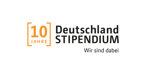 Jubiläumslogo Deutschlandstipendium Logo mit dem Schriftzug: 10 Jahre Deutschlandstipendium - Wir sind dabei.