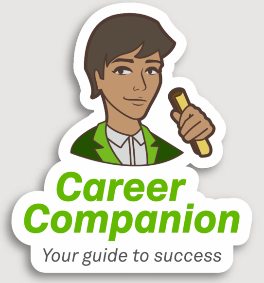 Die Grafik zeigt eine Person mit braunen kurzen Haaren, die etwas in der Hand hält. Darunter steht in grüner Schrift "Career Companion" und in schwarz darunter "Your guide to success".
