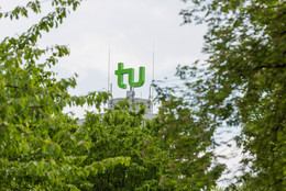 TU-Logo auf dem Mathetower, im Vordergrund Blattwerk