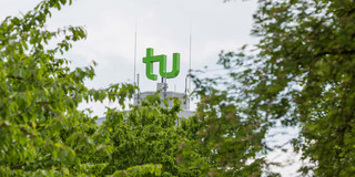 TU-Logo auf dem Mathetower, im Vordergrund Blattwerk