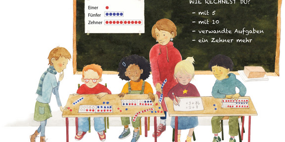 Födima Illustration einer Schulklasse mit einer Lehrerin und fünf Schülerinnen und Schülern beim rechnen