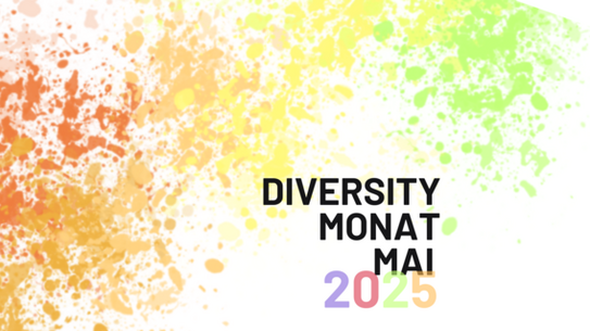 Bunte Farbspritzer in Regenbogenfarben mit Text 'DIVERSITY MONAT MAI 2025'