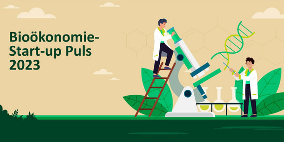 Bioökonomie-Startup Puls 2023 Die Illustration zum "Bioökonomie-Startup Puls 2023" zeigt zwei Personen, die mit einem überdimensionalen Mikroskop, Reagenzgläsern und der Zeichnung einer DNA-Spirale hantieren.