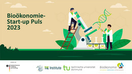 Die Illustration zum "Bioökonomie-Startup Puls 2023" zeigt zwei Personen, die mit einem überdimensionalen Mikroskop, Reagenzgläsern und der Zeichnung einer DNA-Spirale hantieren.
