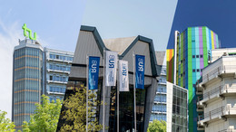 Collage aus drei Bildern von markanten Gebäuden der UA-Ruhr-Universitäten