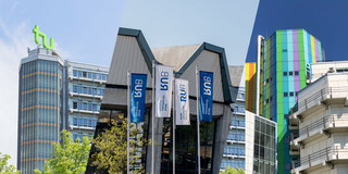 Collage of three pictures of striking buildings of the UA Ruhr universities
