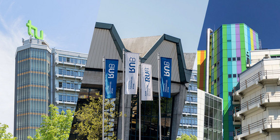 Collage mit Gebäuden der UA-Ruhr-Universitäten Collage aus drei Bildern von markanten Gebäuden der UA-Ruhr-Universitäten