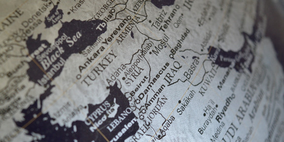 Detail of a map showing Turkey and Syria.
