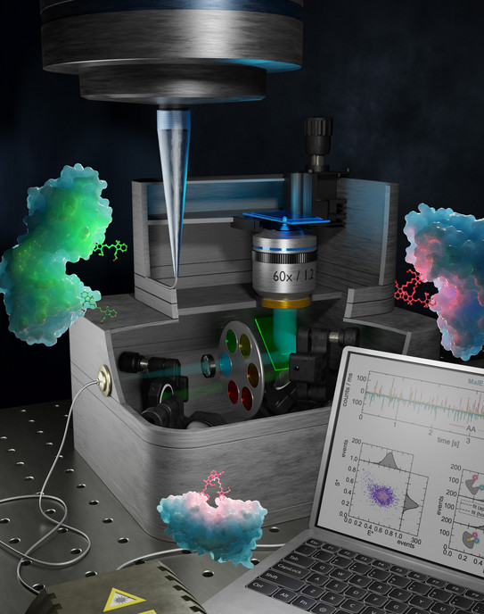 wissenschaftliches Experiment mit hochauflösendem Mikroskop. Molekülstrukturen sind in 3D-Visualisierungen um das Gerät herum dargestellt, und auf einem Laptop werden grafische Daten analysiert.