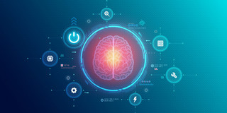 Neuromorphic Computing Graphic representation of a glowing yellow and red brain in a glowing blue circle surrounded by small blue circles with various symbols such as a cogwheel, a magnifying glass or a lightning bolt. The background of the entire image changes from dark blue on the left to light blue on the right.