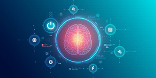 Neuromorphes Computing Schematische Grafik eines in gelb und rot leuchtenden Gehirns in einem blau leuchtenden Kreis. Drumherum befinden sich kleine blaue Kreise mit verschiedenen Symbolen wie einem Zahnrad, einer Lupe oder einem Blitz. Der Hintergrund des gesamten Bilds wechselt von links dunkelblau zu rechts hellblau.