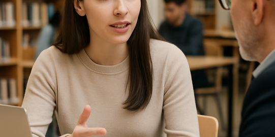 Bild zeigt Studentin die in einer Bibliothek einem Professor freundlich Feedback gibt