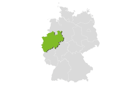 Germany's state area in grey with the area of North Rhine Westphalia highlighted in light green.