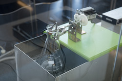 Engineering meets Art Ein im Glasbehälter befestigter Glaskolben in einem Ultraschallbad.