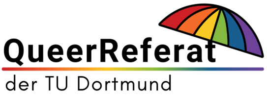 Logo des QueerRefarats der TU Dortmund mit stilisiertem, mehrfarbigem Regenschirm über dem Schriftzug