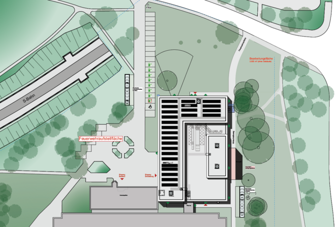 Lageplan zum Sport-Erweiterungsbau mit Gebäuden, Wegen und Bäumen