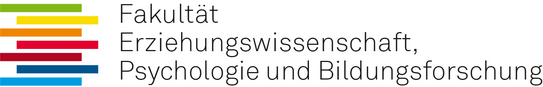 Logo Fakultät Erziehungswissenschaft, Psychologie und Bildungsforschung: Schwarze Schrift auf weißem Grund. Daneben bunte Streifen.