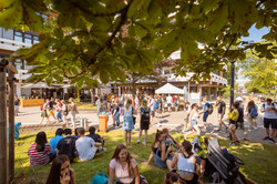 Besucher*innen eines Sommerfests sitzen im Schatten und tummeln sich vor Ständen.