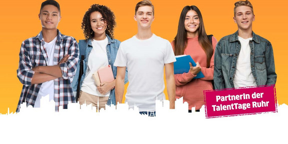 TalentTage Ruhr Vor einem orangenen Hintergrund sind fünf junge, lächelnde Personen zu sehen. Unten rechts steht der Schriftzug: "PartnerIn der Talenttage Ruhr".