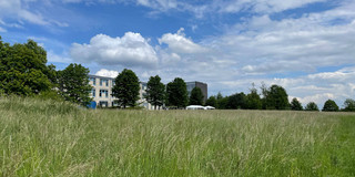 A large field. In the distance are two white pavilions at the end of the grass. Behind them are buildings and a few trees at the edge of the field.