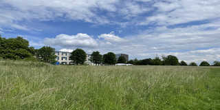 A large field. In the distance are two white pavilions at the end of the grass. Behind them are buildings and a few trees at the edge of the field.