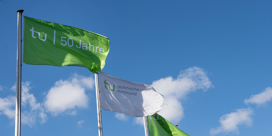 TU Flaggen Wehende TU-Dortmund Flaggen an mehreren Fahnenmasten vor blauem Himmel.