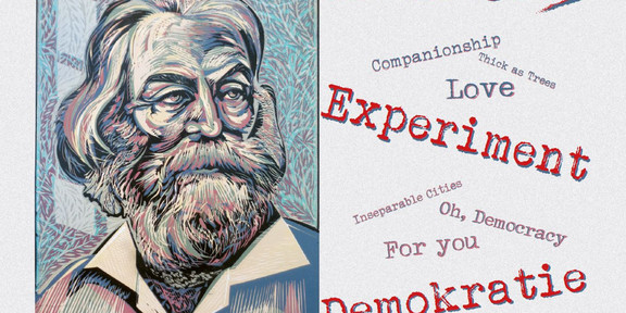 Whitman@200 Flyer mit Infos und einem Bild des Dichters Walt Whitman.