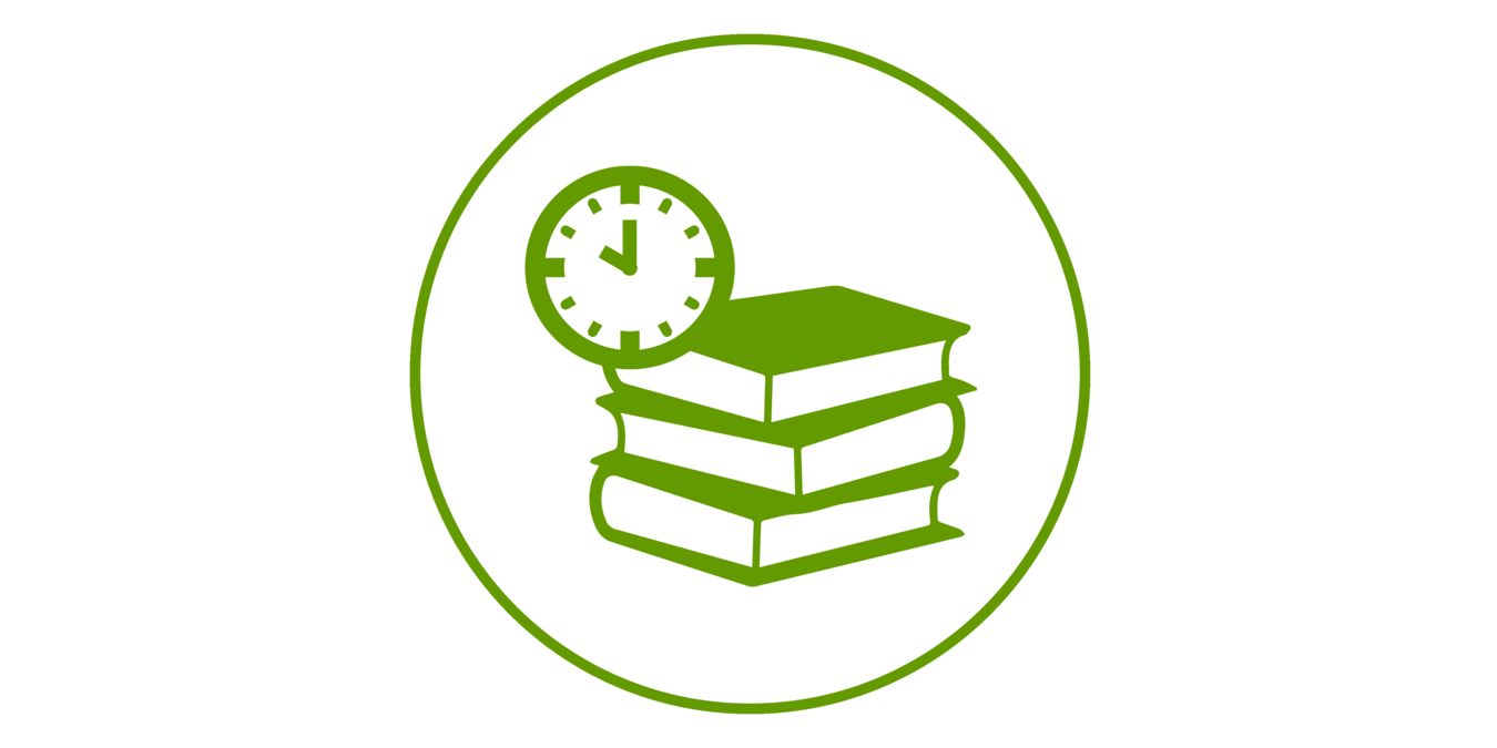 Green icon with books and a clock, green border