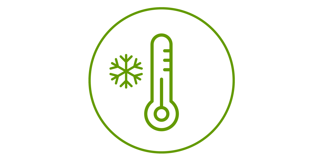 Green icon of a thermometer and snowflake, green bordered