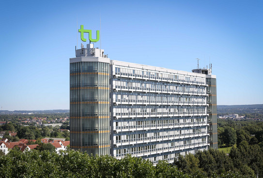 Building for Mathematics with Math Tower The Math Tower with the logo of TU Dortmund University on top of it
