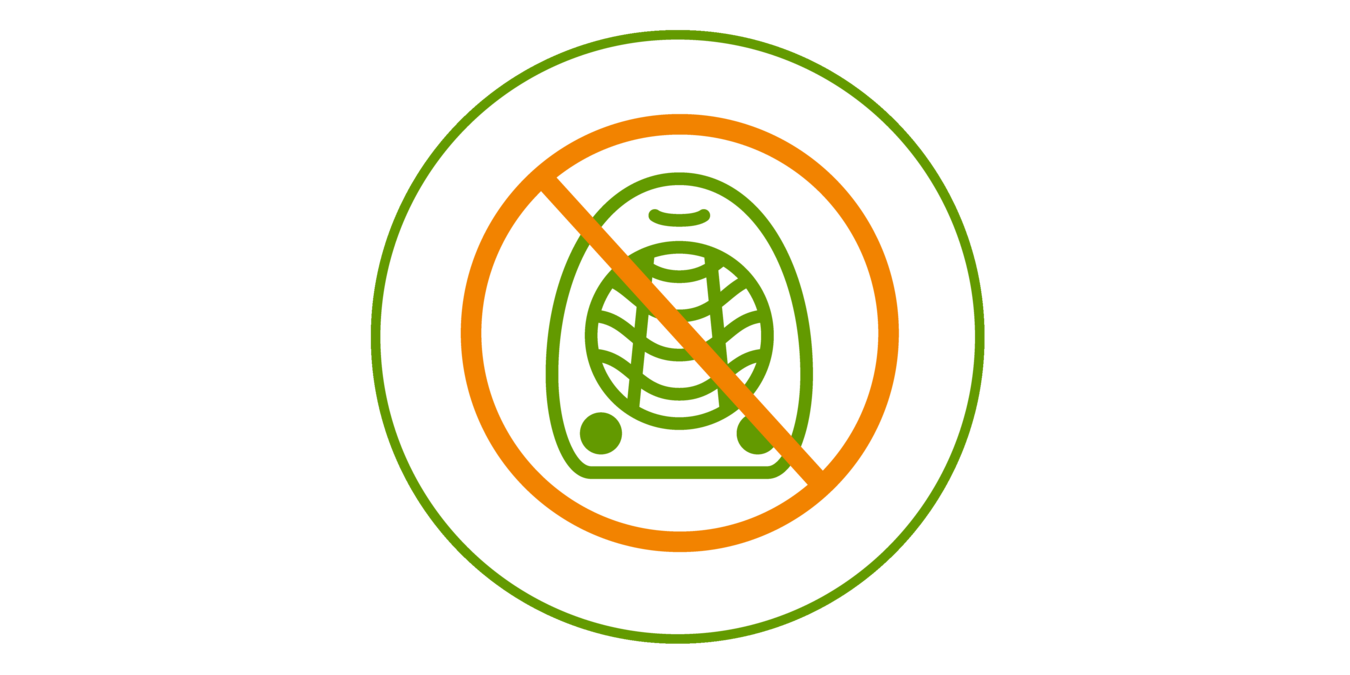 Green icon of a crossed out fan heater, green bordered