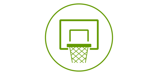 Green graphic of a basketball hoop, outlined in green