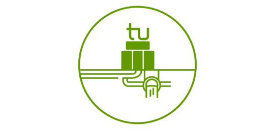 Round graphic: The stylized representation of a university building with the TU Dortmund logo can be seen in a green border. Pipes with water are depicted on the ground below.