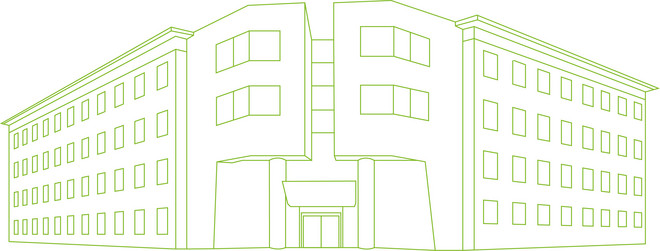Drawing of the old mechanical engineering building in green on white background