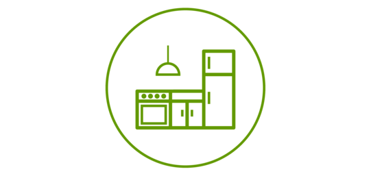 Grünes Icon einer Teeküche, grün umrandet