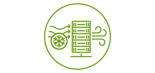 Green icon of a server with cold air flowing into and exhaust air flowing out of it