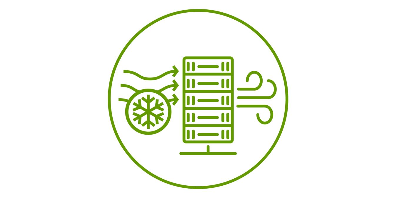 Green icon of a server with cold air flowing into and exhaust air flowing out of it