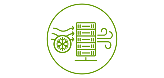 Grünes Icon von einem Server, in den kalte Luft hinein und Abluft heraus fließt