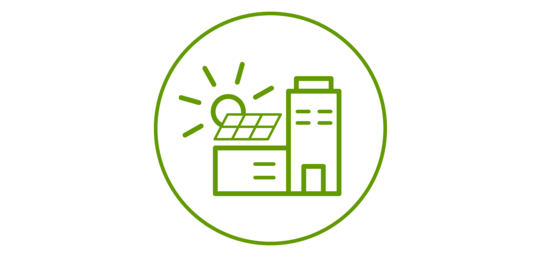 Icon of an industrial building with a photovoltaic system on the roof and shining sun