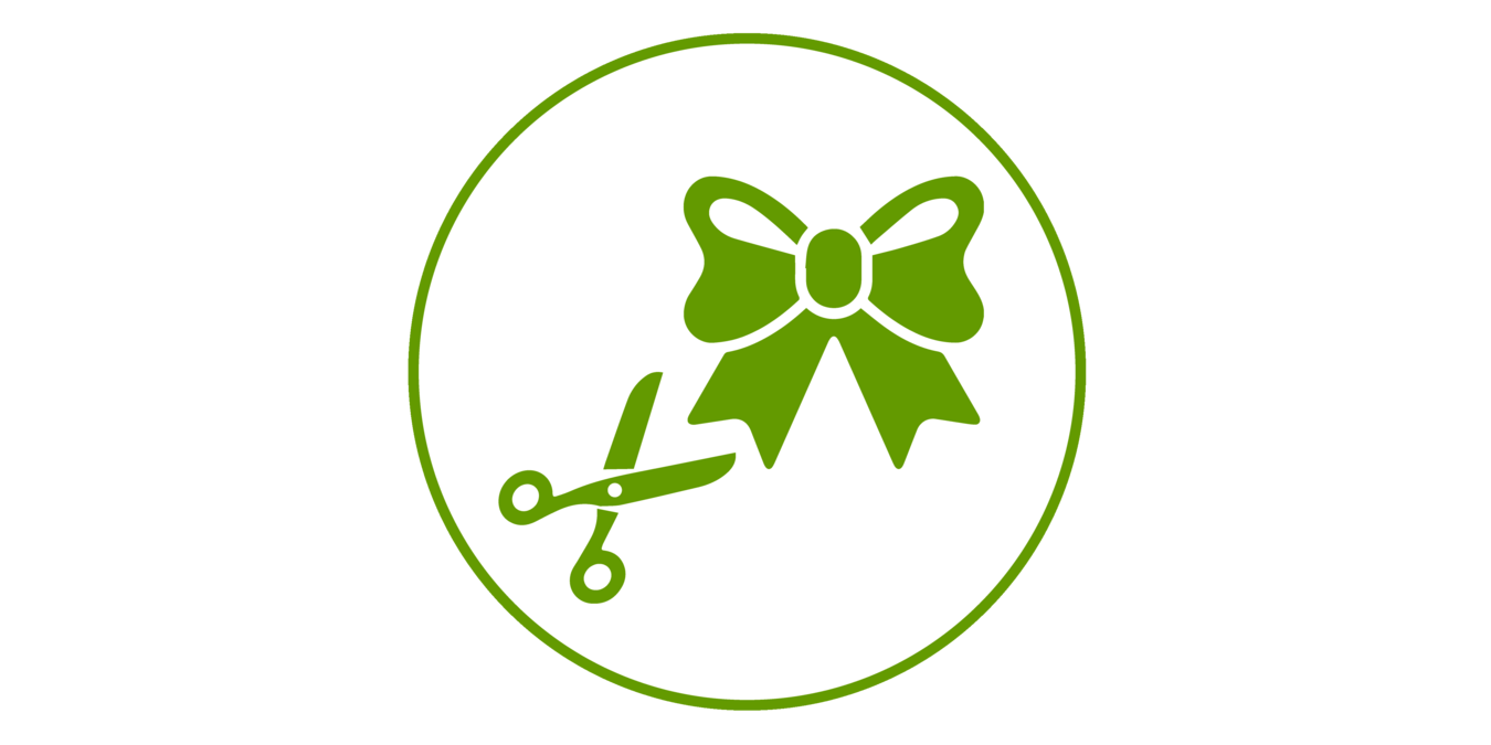 Green icon of a pair of scissors and a bow, bordered in green