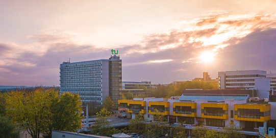 North Campus at sunset Math Tower with illuminated sky in the background