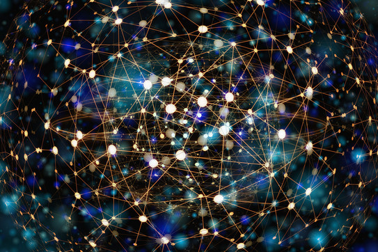 White, light blue and dark blue points connected by golden lines on a black background