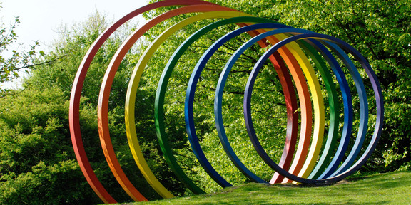 Spektralringe Große bunte Spektralringe aus Stahl stehen auf grünem Rasen.