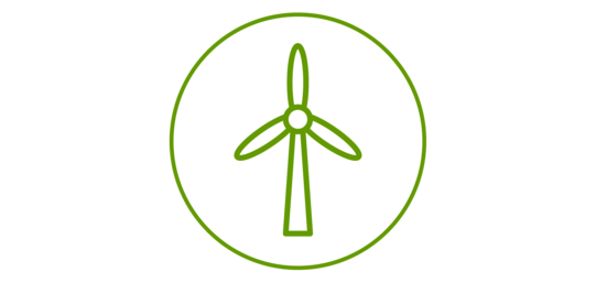 Green icon of a wind turbine, green bordered