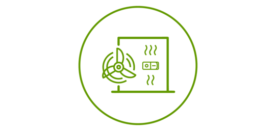 Luftwechsel Ein grünes Icon, das einen Luftaustausch und einen On/Off-Knopf symbolisiert