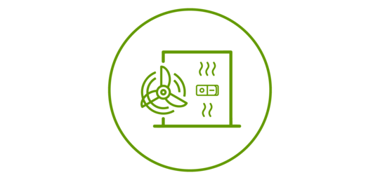 A green icon symbolizing an air exchange and an on/off button