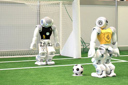 Fußballroboter Elfmeter Ein Roboter mit schwarzem Trikot steht in einem Fußballtor und ein zweiter Roboter steht mit einem Ball am Elfmeterpunkt.