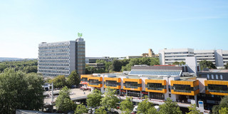 Panoramic view of the North Campus with the math tower and the cafeteria.