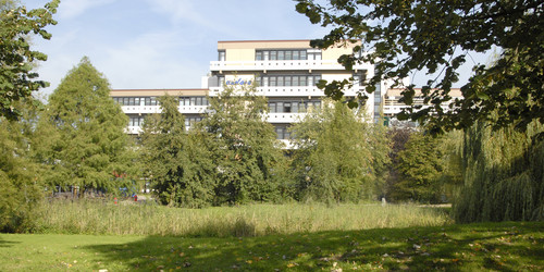 Trees with the white Emil Figge Strasse 50 building in the background